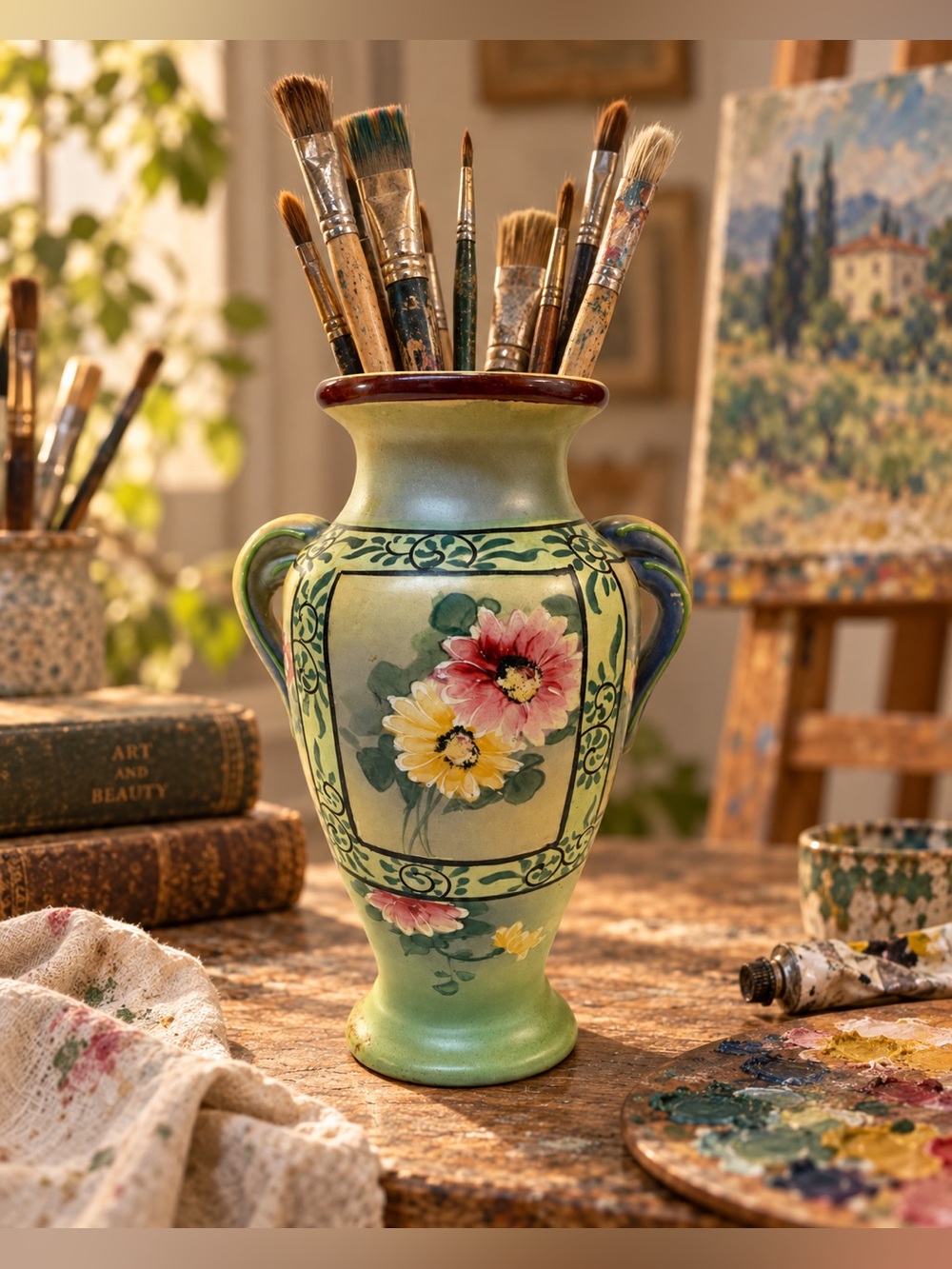 Vintage Hand-Painted Floral Ceramic Vase • Country Cottage Art Pottery Decor